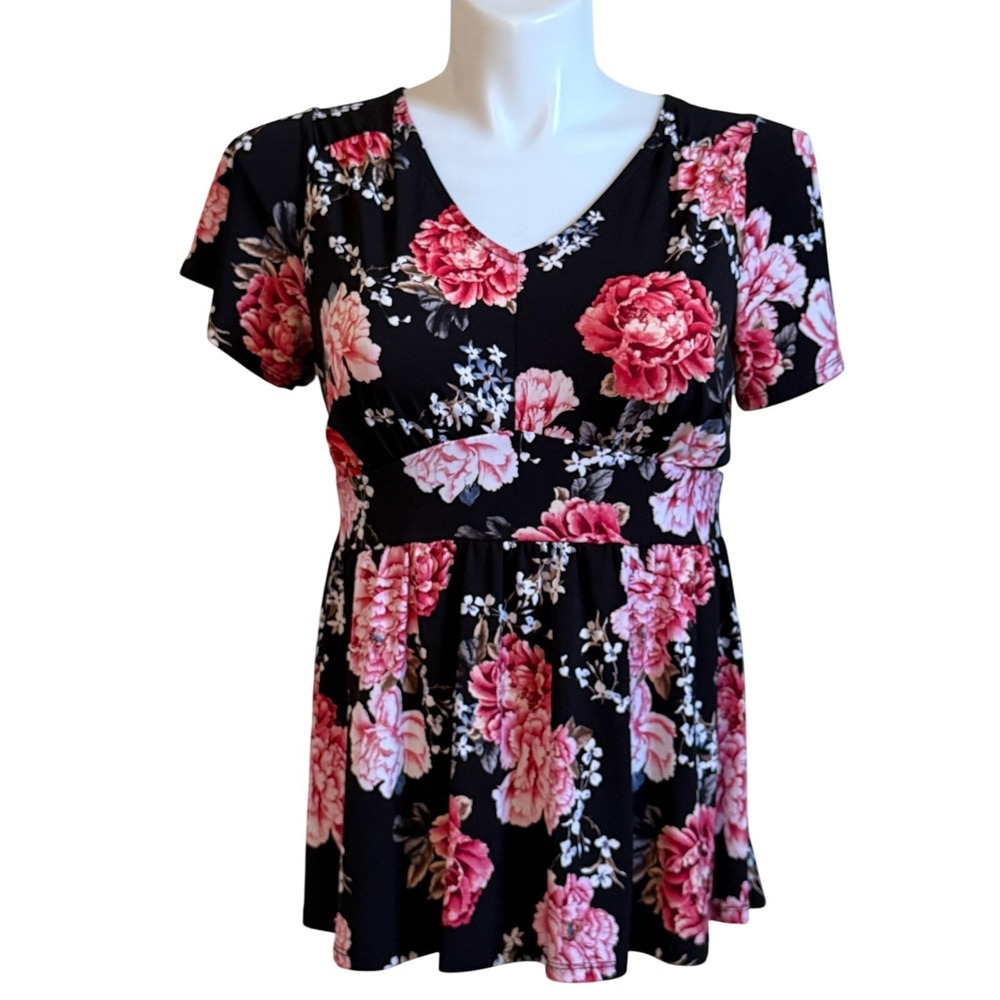Torrid Womens Floral Babydoll Tunic Top Black Pink V-Neck Empire Waist 00 M/L
